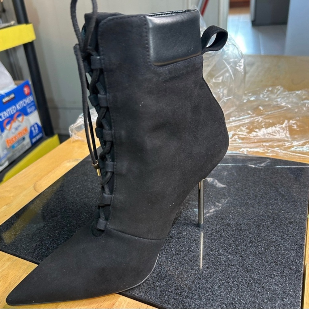 good American bootie ultra suede in size 7 or 8.5 gold stiletto heel Khole boots